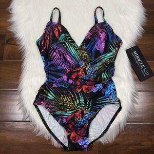 Miraclesuit Women's Size 8 Black Palm Leaf & Leopard Print One Piece Swimsuit